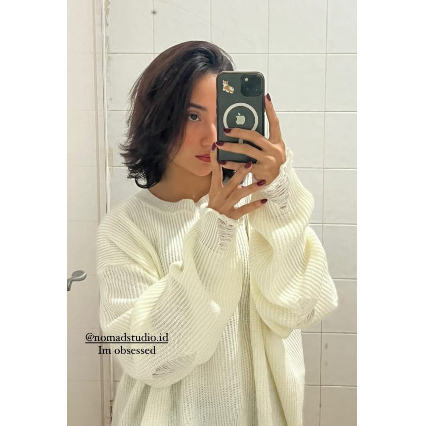 White Distressed Oversized Knit Sweater