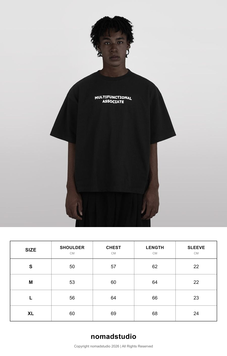 Size guide for Nomadstudio - Black Heavyweight Associate Boxy Oversized T-Shirt