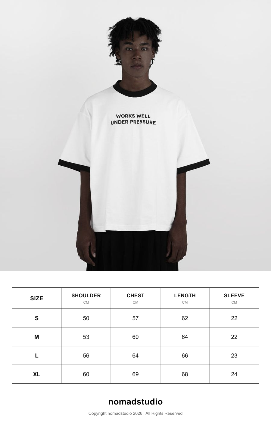 Size guide for Nomadstudio - White Heavyweight Suggestion Boxy Oversized Ringer T-Shirt