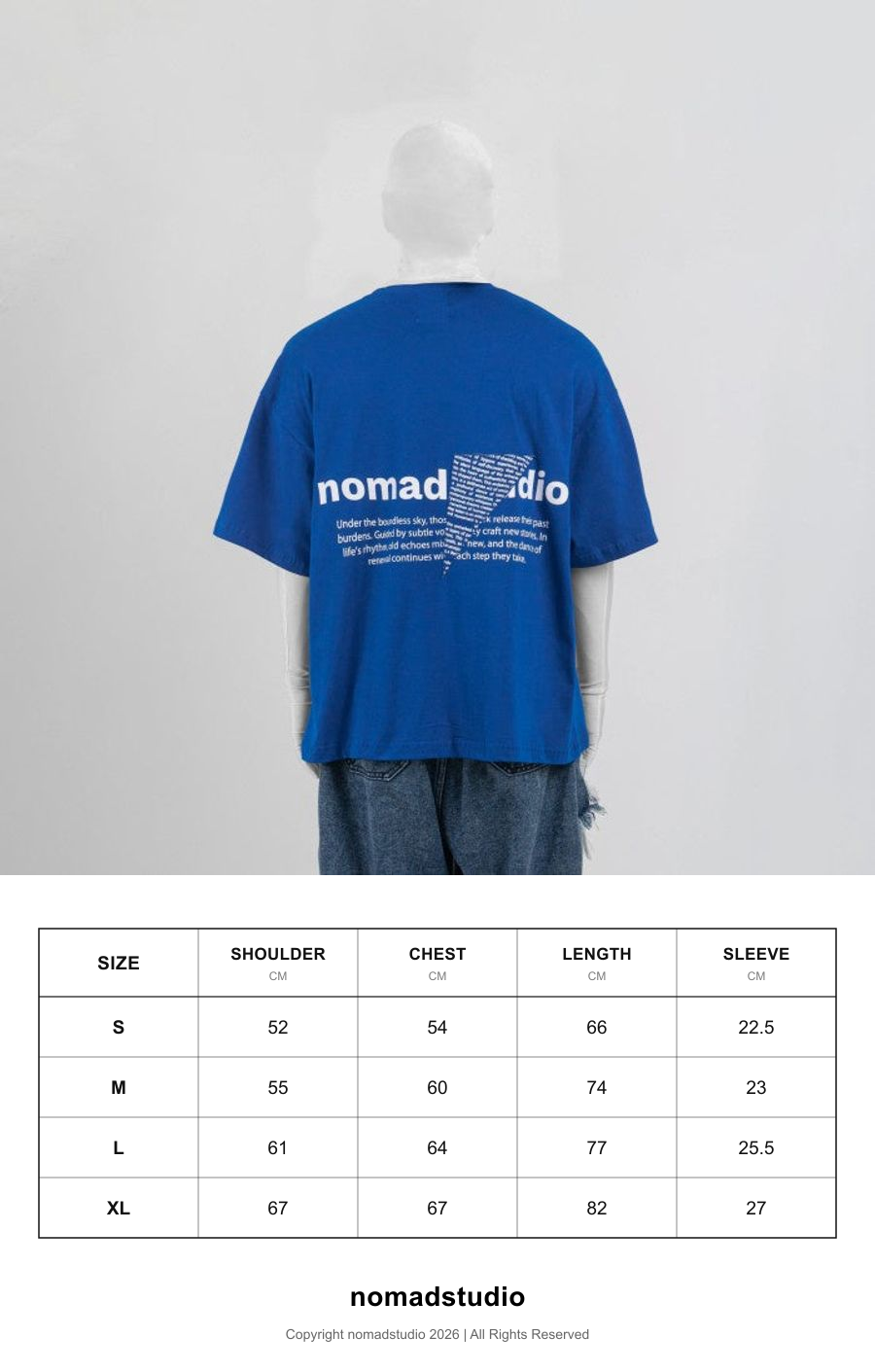 Size guide for NOMADSTUDIO Reborn - Blue Triangle Patch Oversized T-Shirt
