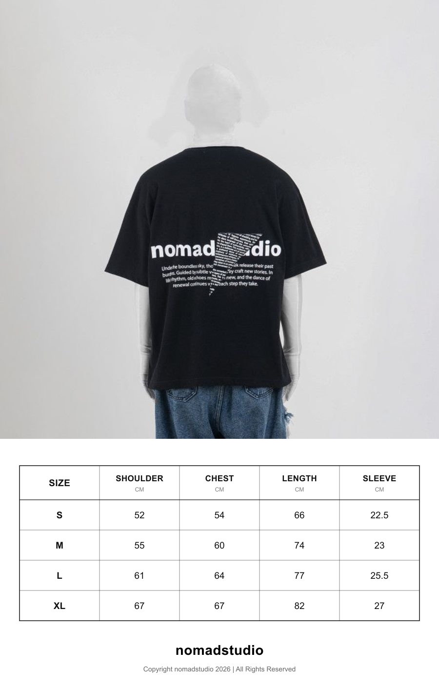 Size guide for NOMADSTUDIO Reborn - Black Triangle Patch Oversized T-Shirt