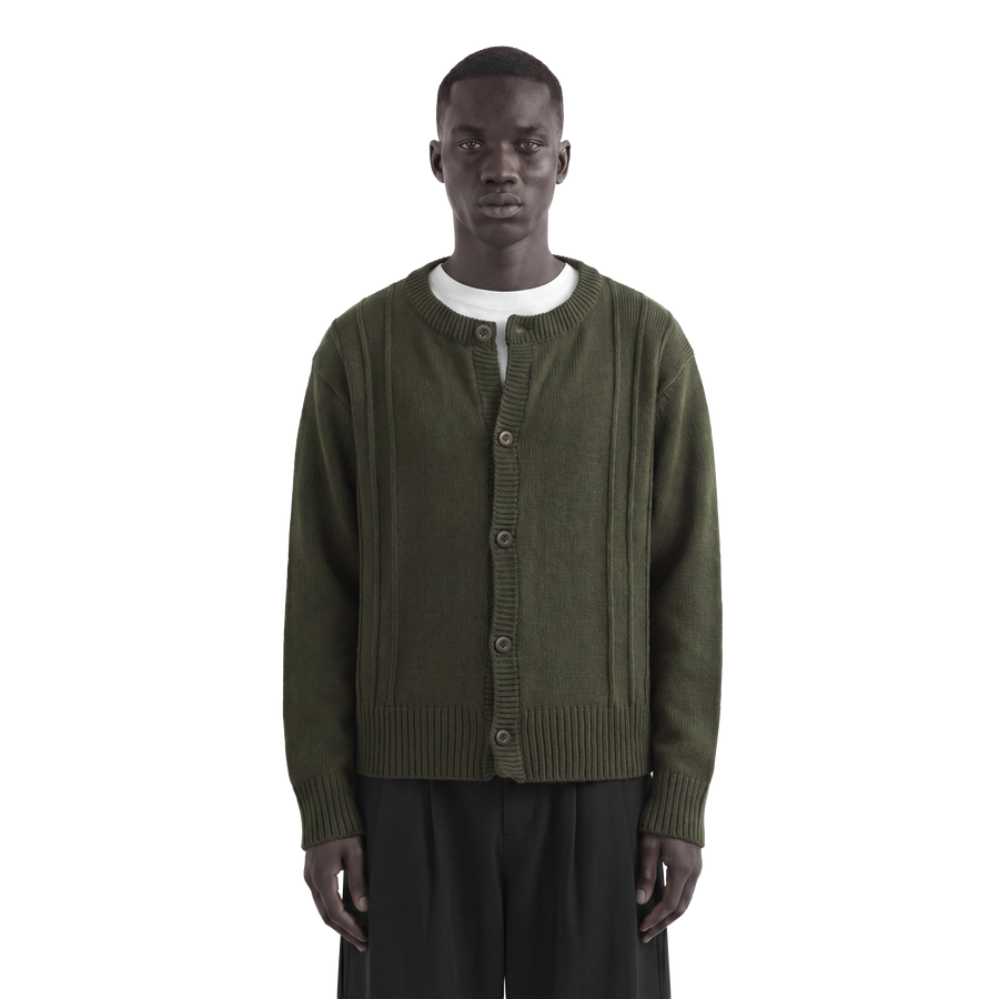 Army Green Stripes Knit Cardigan