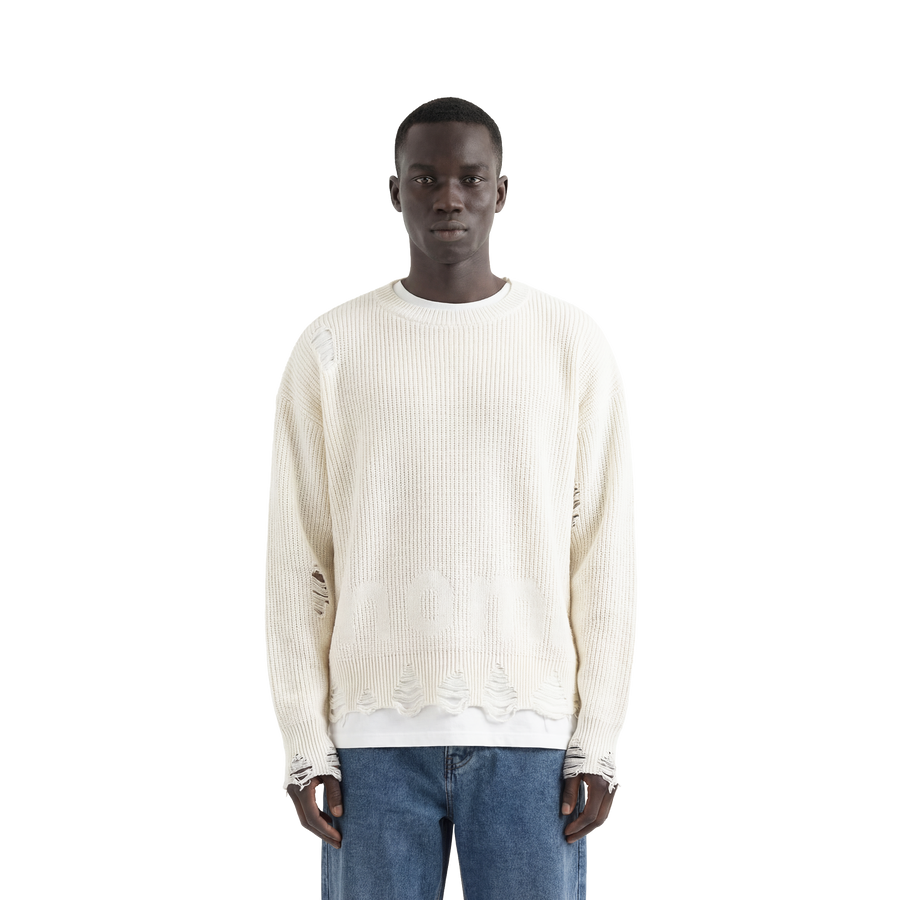 White Distressed Oversized Knit Sweater