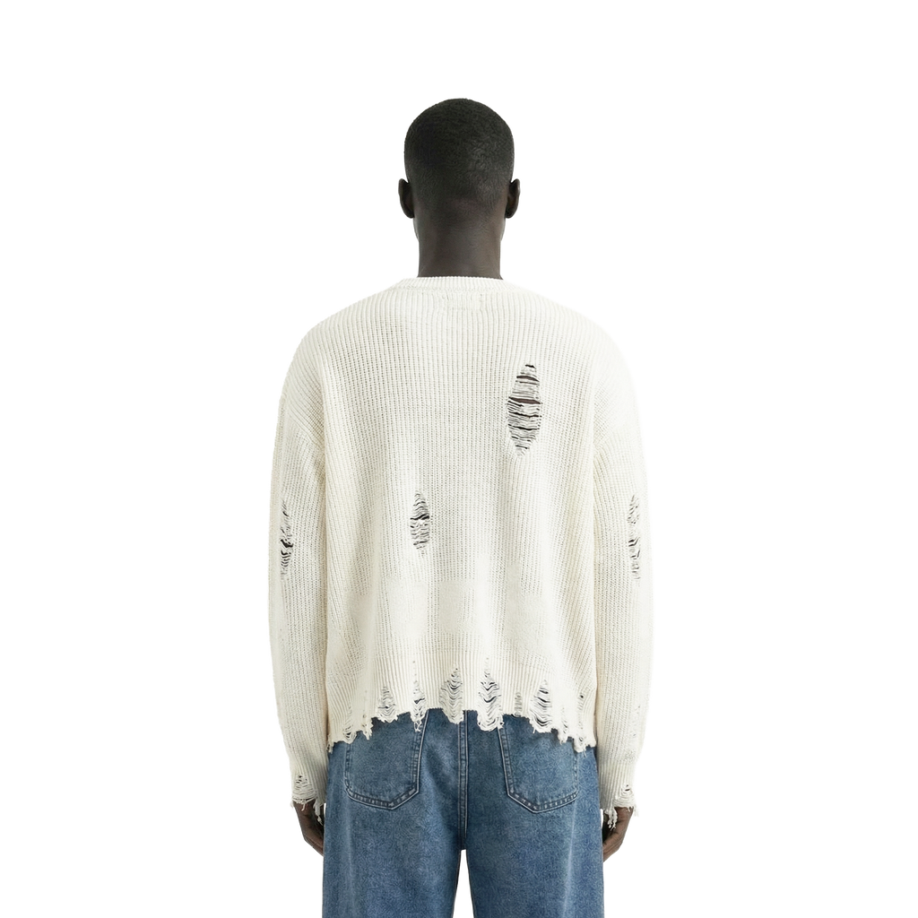 White Distressed Oversized Knit Sweater
