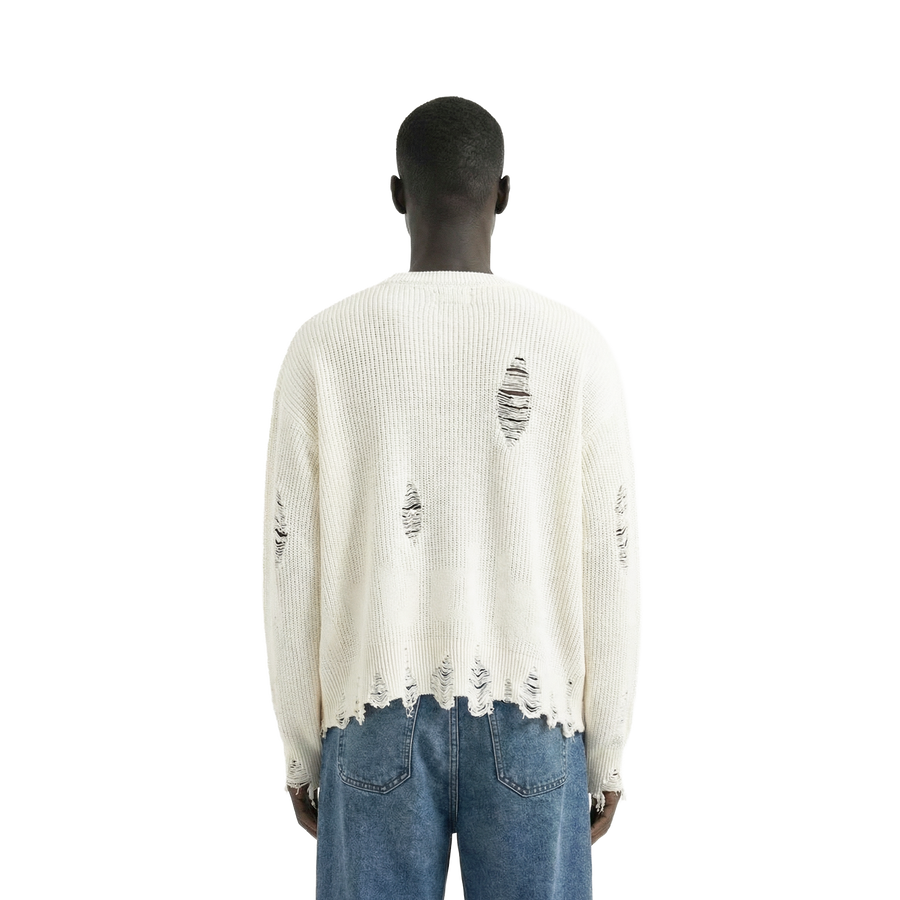 White Distressed Oversized Knit Sweater