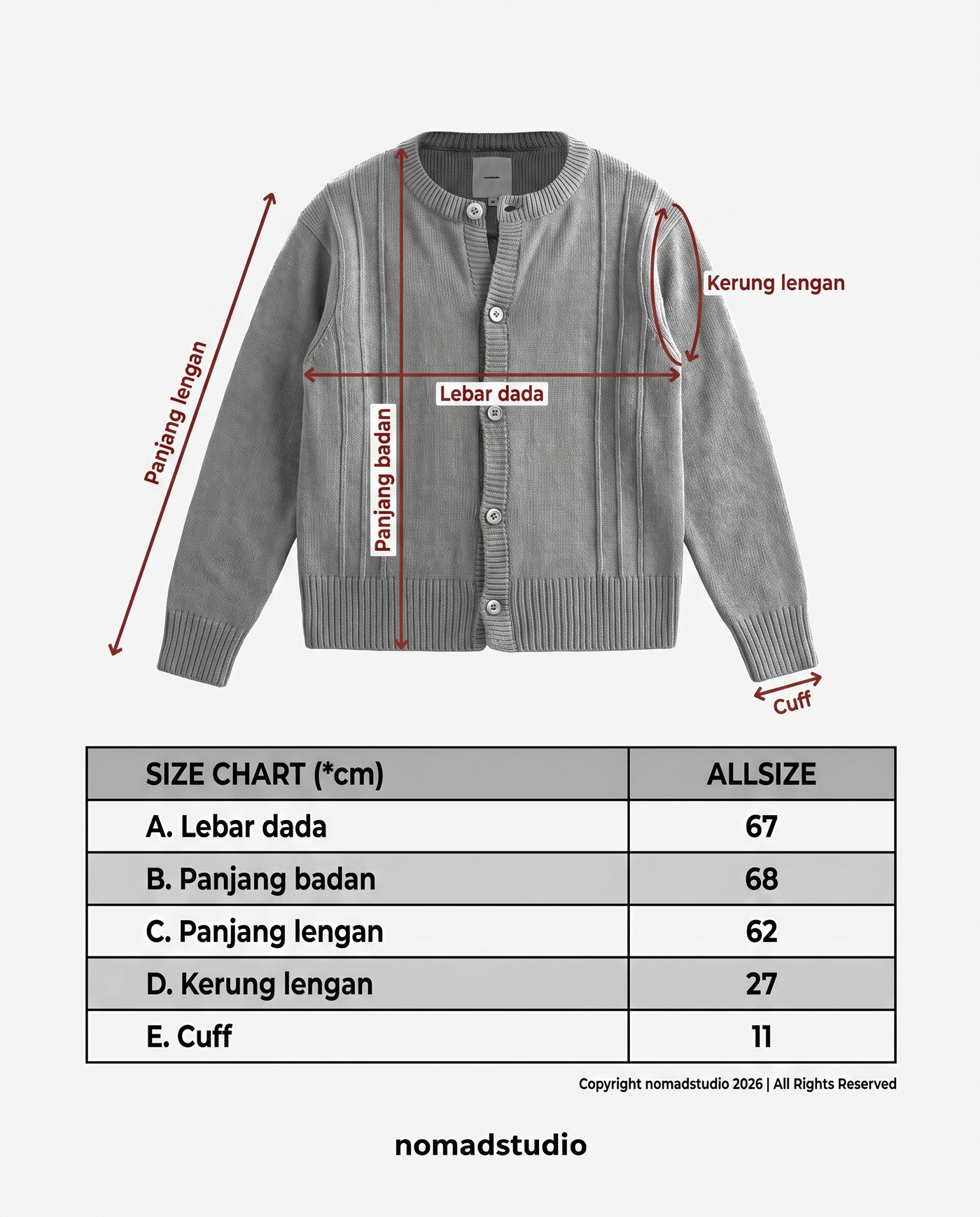 Size guide for Brown Stripes Knit Cardigan