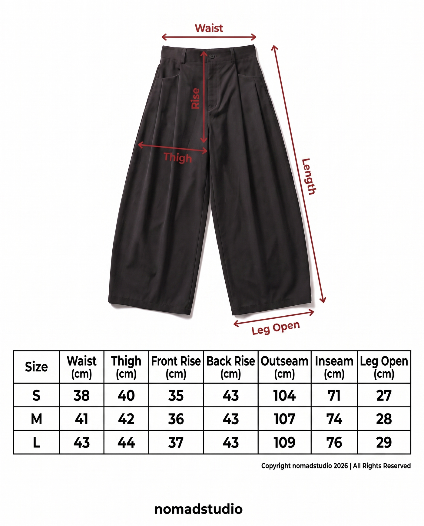Size guide for Brown Triple Layer Pants
