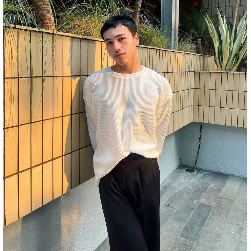 White Distressed Oversized Knit Sweater