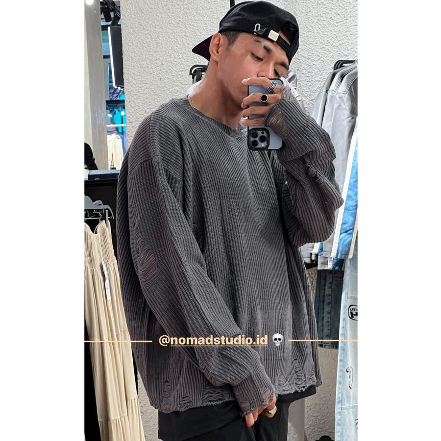 Dark Grey Distressed Oversized Knit Sweater