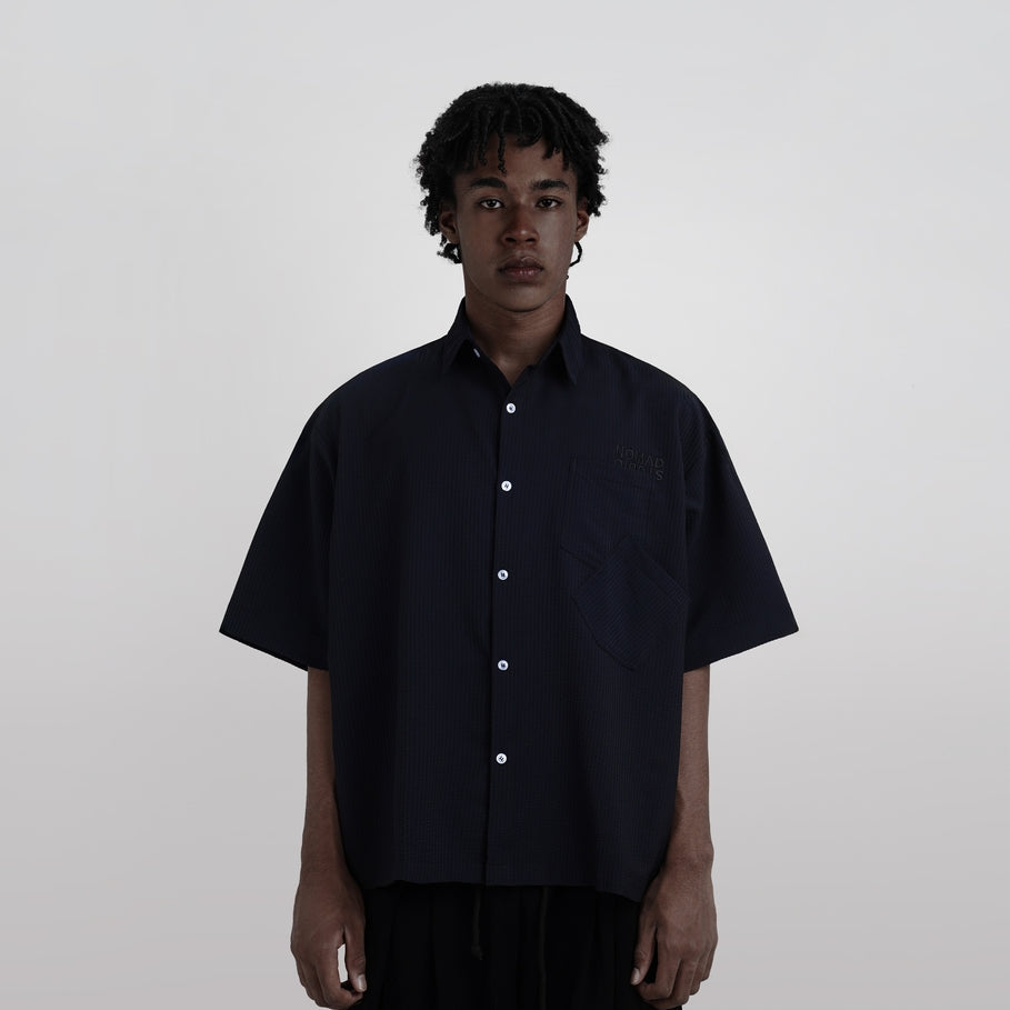 Nomadstudio - Navy Double Pocket Stripe Crinkle Boxy Overshirt Shirt