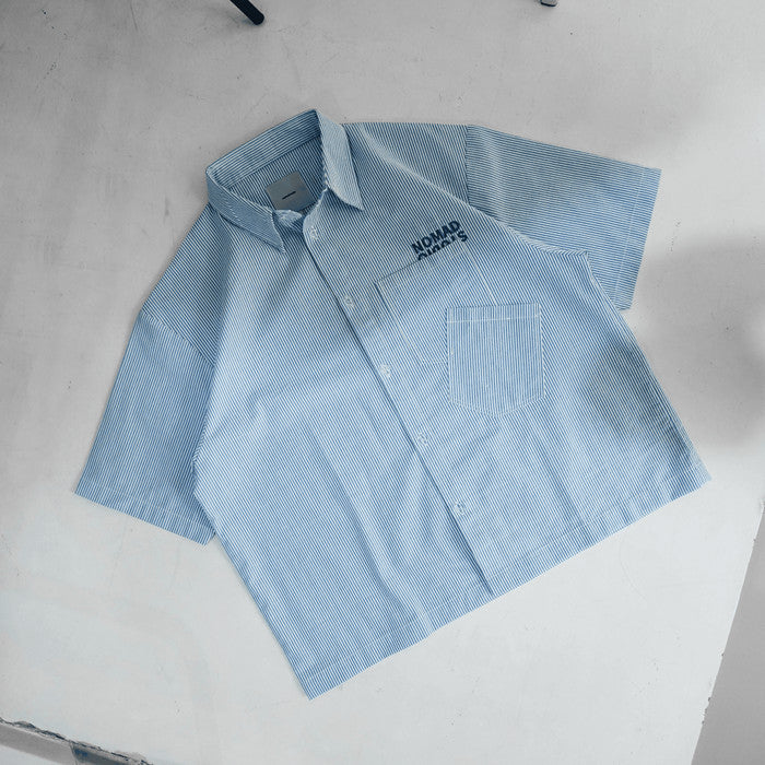 Nomadstudio Clock In - Blue Double Pocket Stripe Crinkled Boxy Shirt