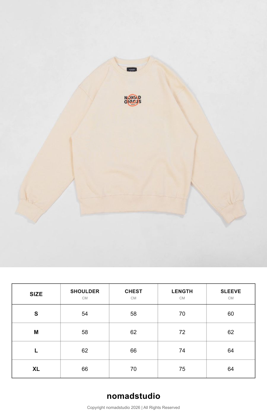 Size guide for Nomadstudio X Faith Fade Ivory Hijack Logo Oversized Crewneck