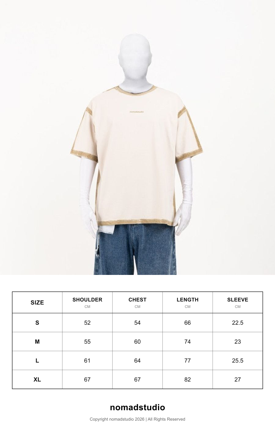 Size guide for NOMADSTUDIO Hue - Cream Sprayed Oversized T-Shirt