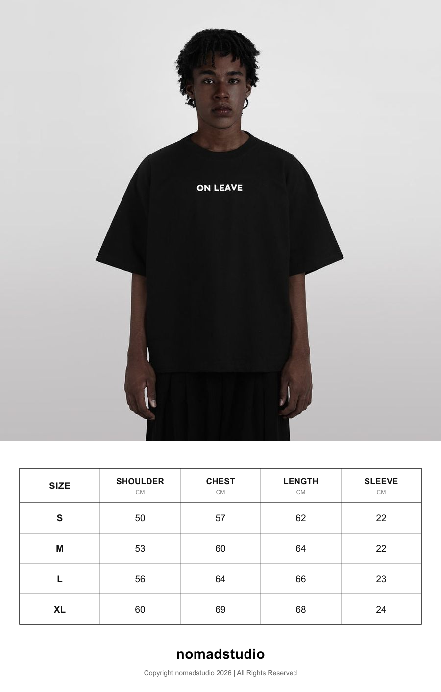 Size guide for Nomadstudio - Black Heavyweight On Leave Boxy Oversized T-Shirt