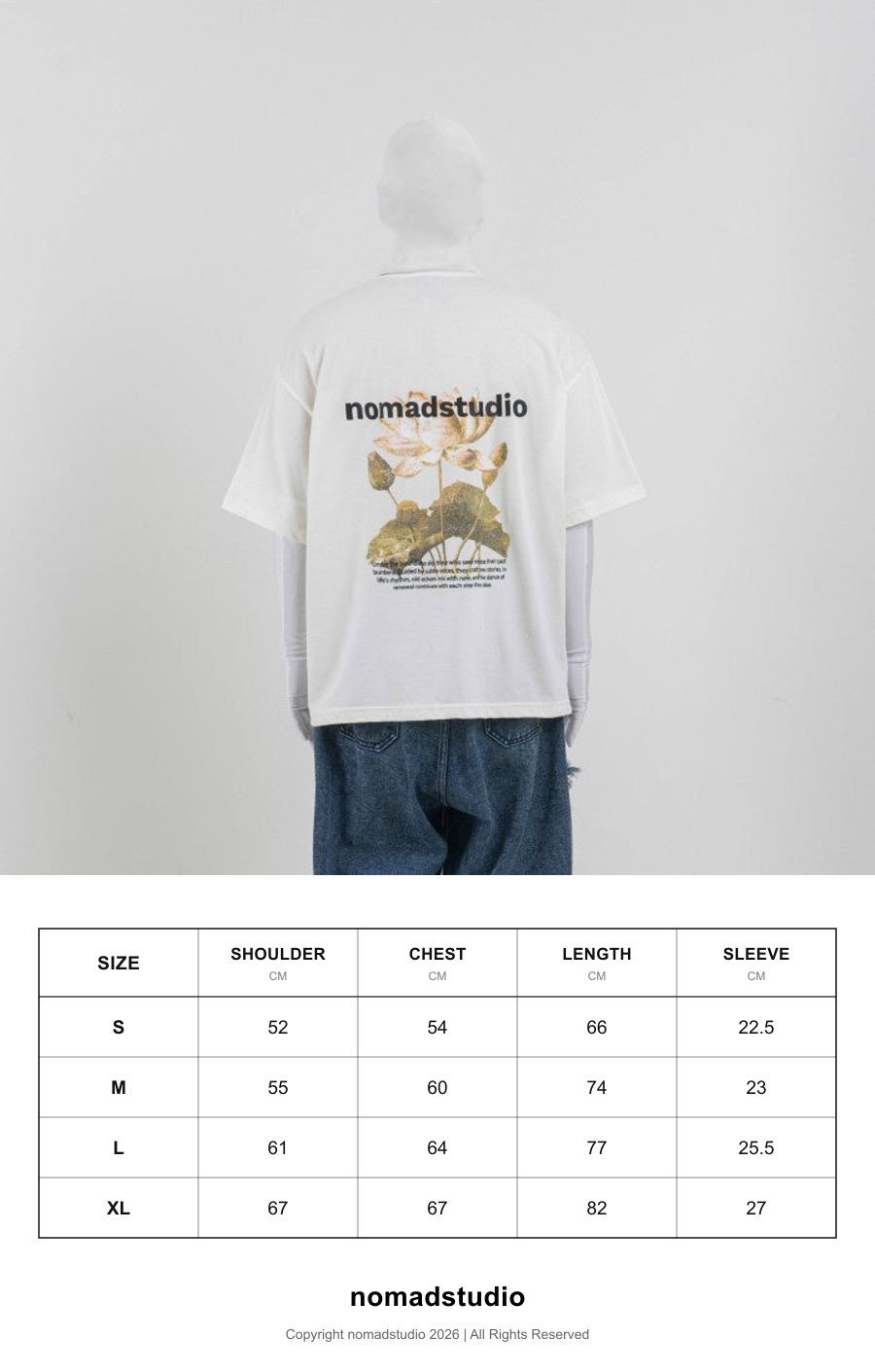 Size guide for NOMADSTUDIO Reborn - White Lotus Oversized T-Shirt