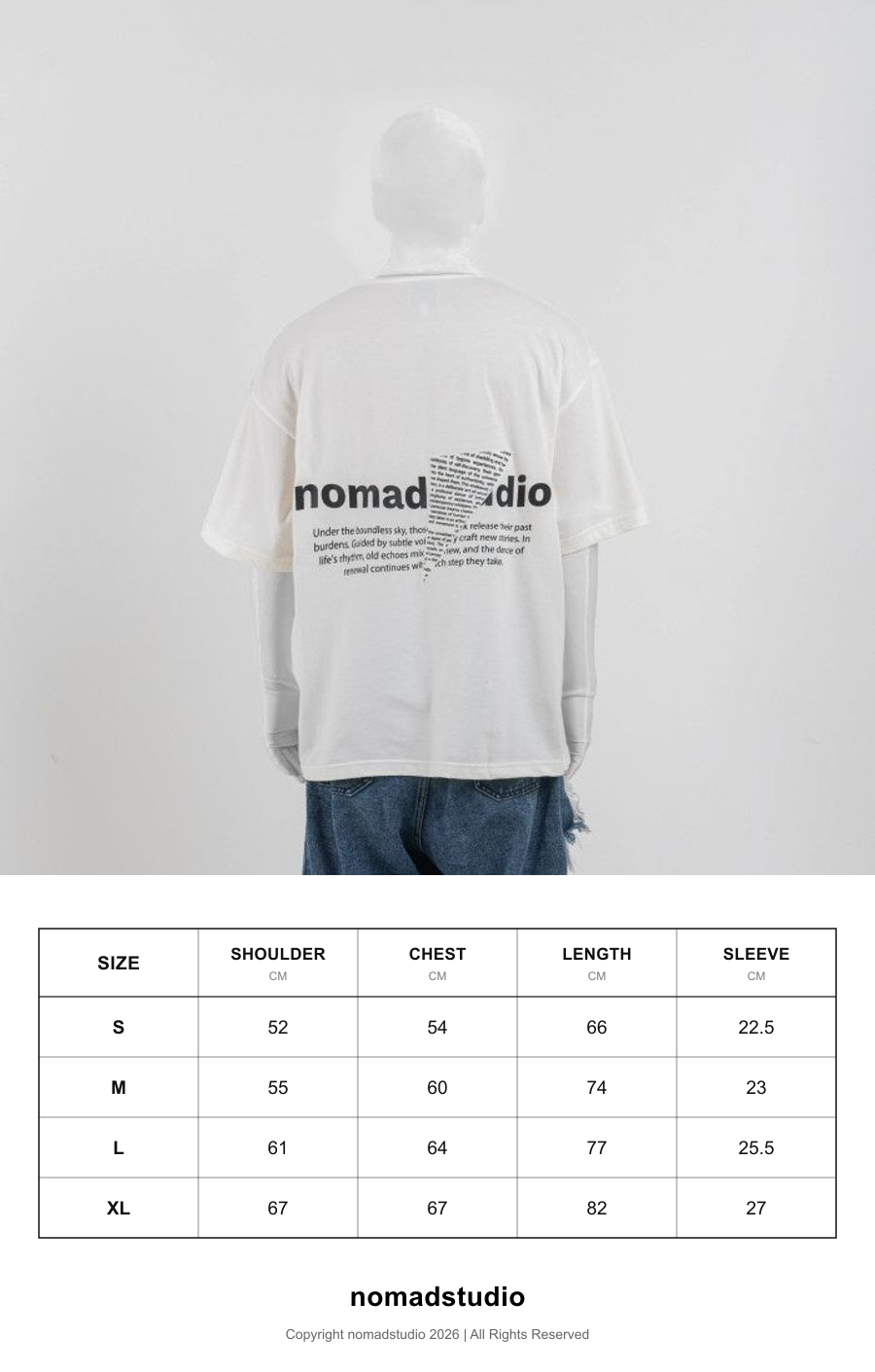 Size guide for NOMADSTUDIO Reborn -  White Triangle Patch Oversized T-Shirt