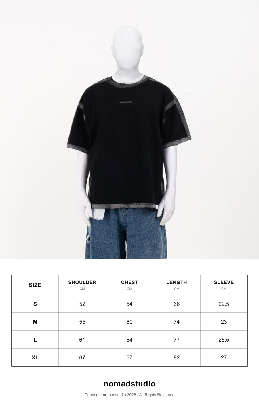 Size guide for NOMADSTUDIO Hue - Black Reversible Sprayed Oversized T-Shirt