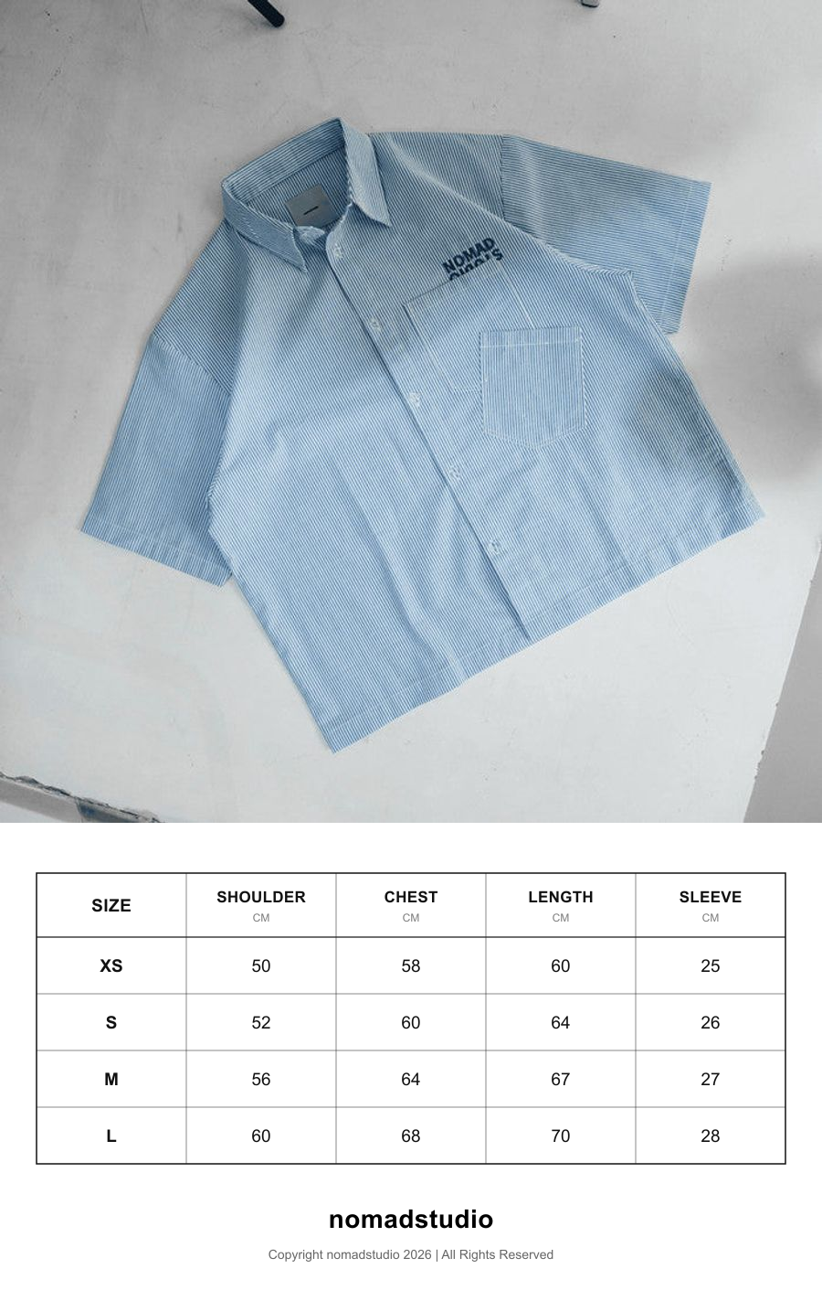 Size guide for Nomadstudio Clock In - Blue Double Pocket Stripe Crinkled Boxy Shirt