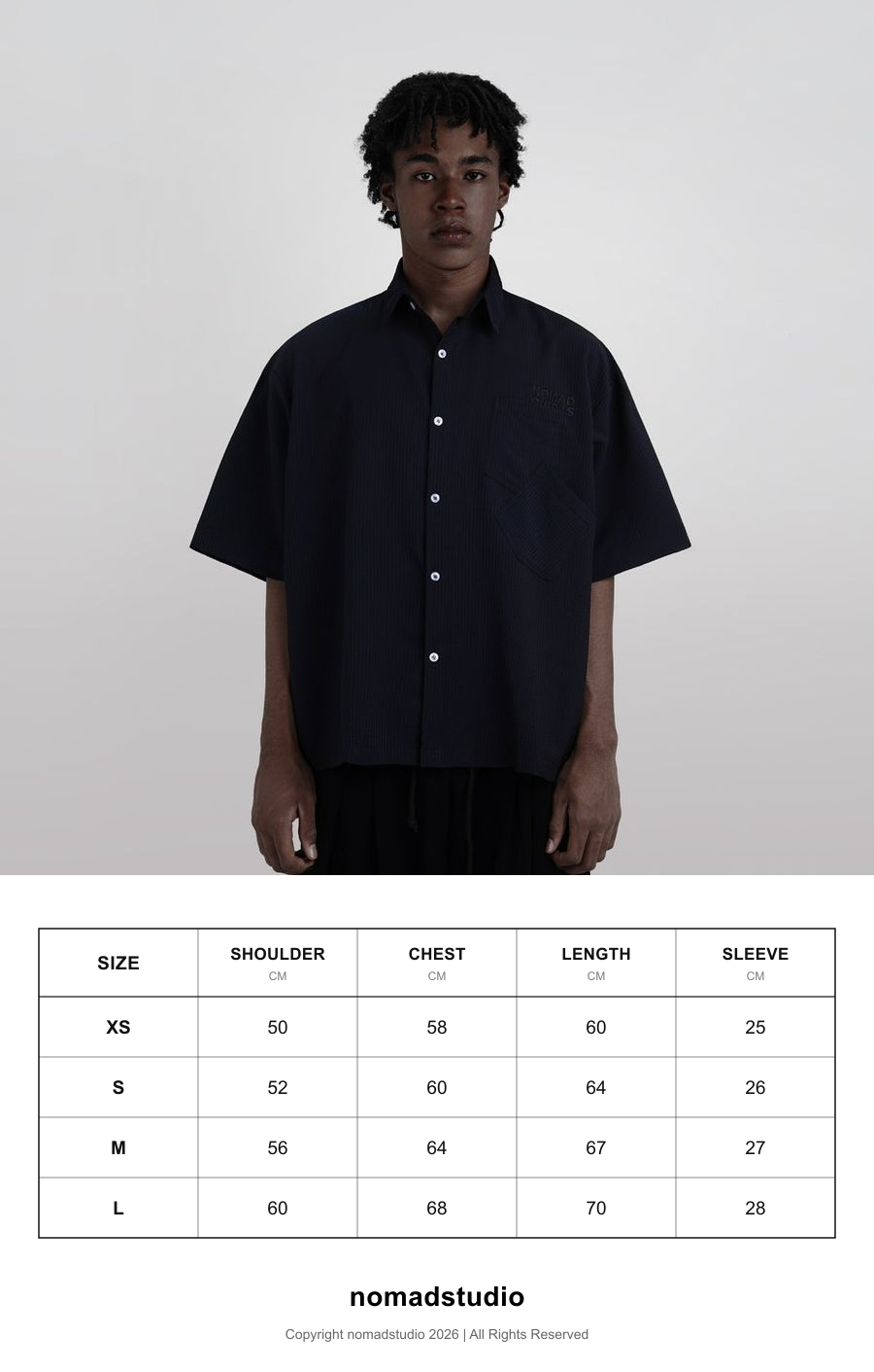 Size guide for Nomadstudio - Navy Double Pocket Stripe Crinkle Boxy Overshirt Shirt