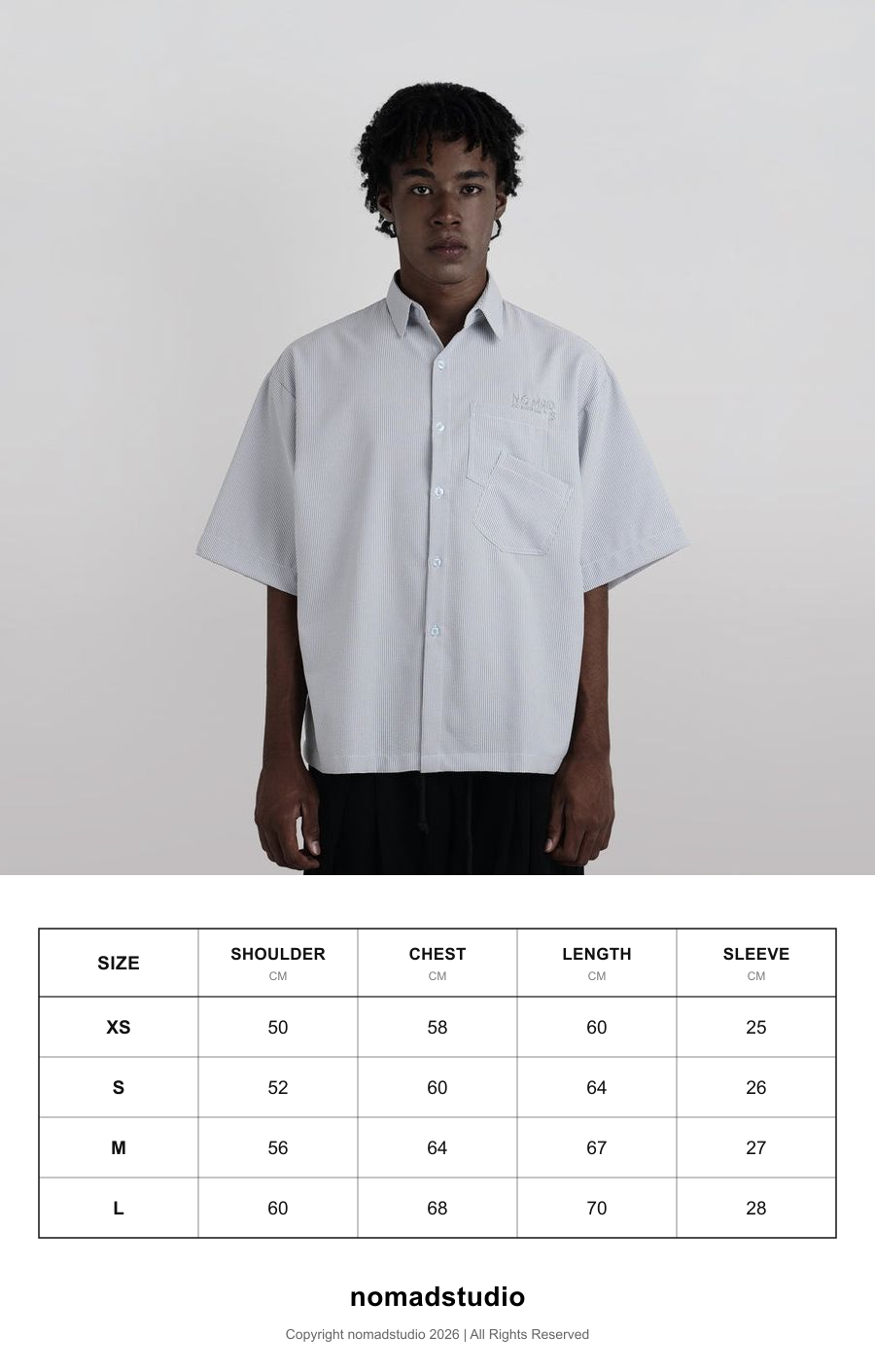 Size guide for Nomadstudio - Grey Double Pocket Stripe Crinkle Boxy Overshirt Shirt