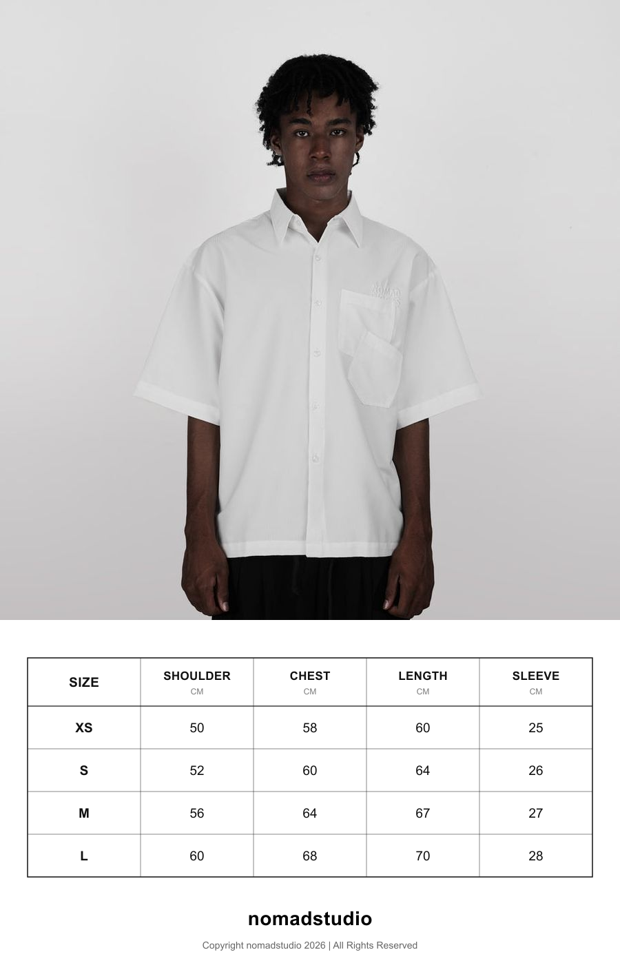 Size guide for Nomadstudio - White Double Pocket Stripe Crinkle Boxy Overshirt Shirt