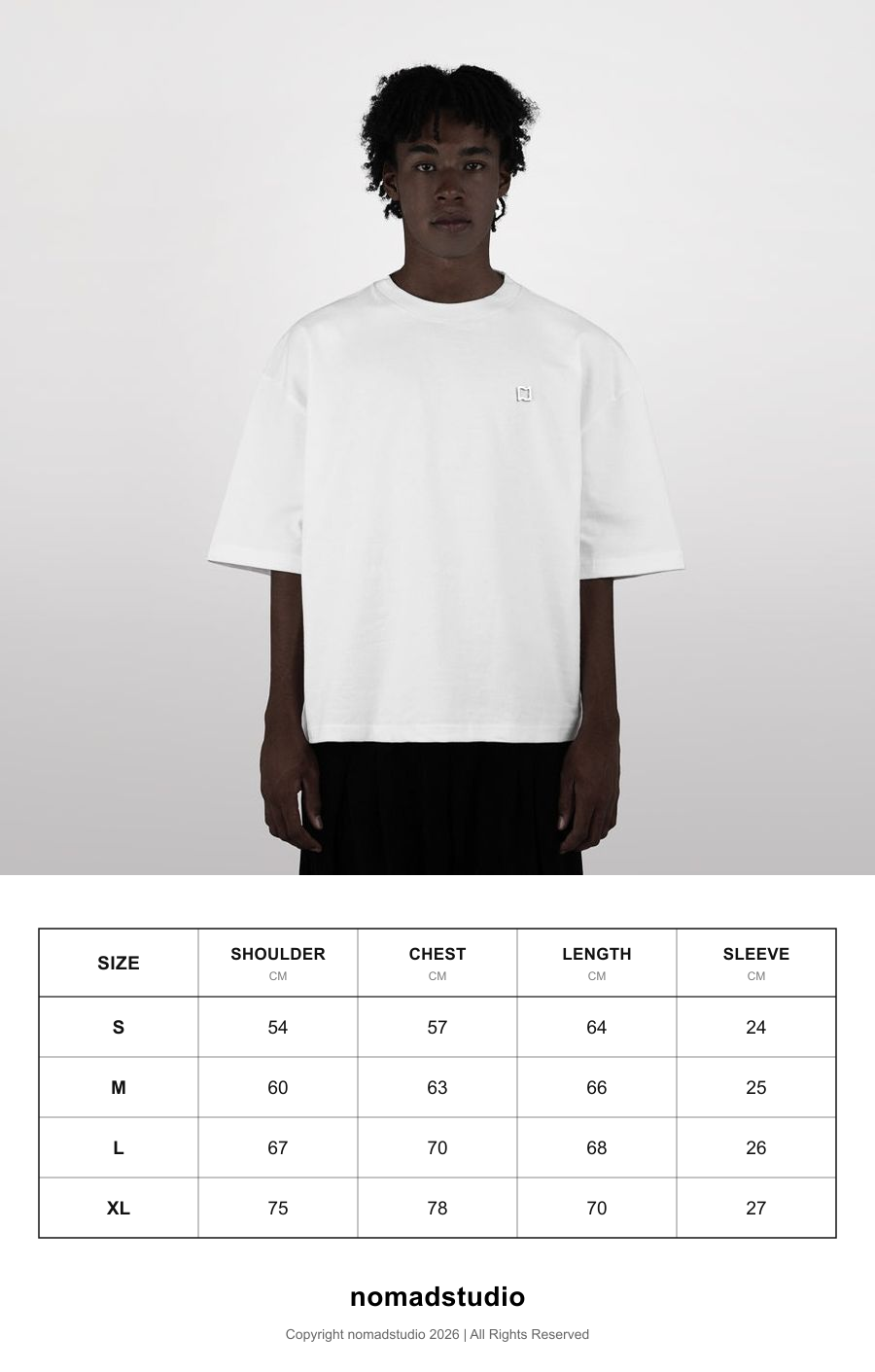 Size guide for Nomadstudio MTL - White Heavyweight Metal Plate Boxy Oversized T-Shirt