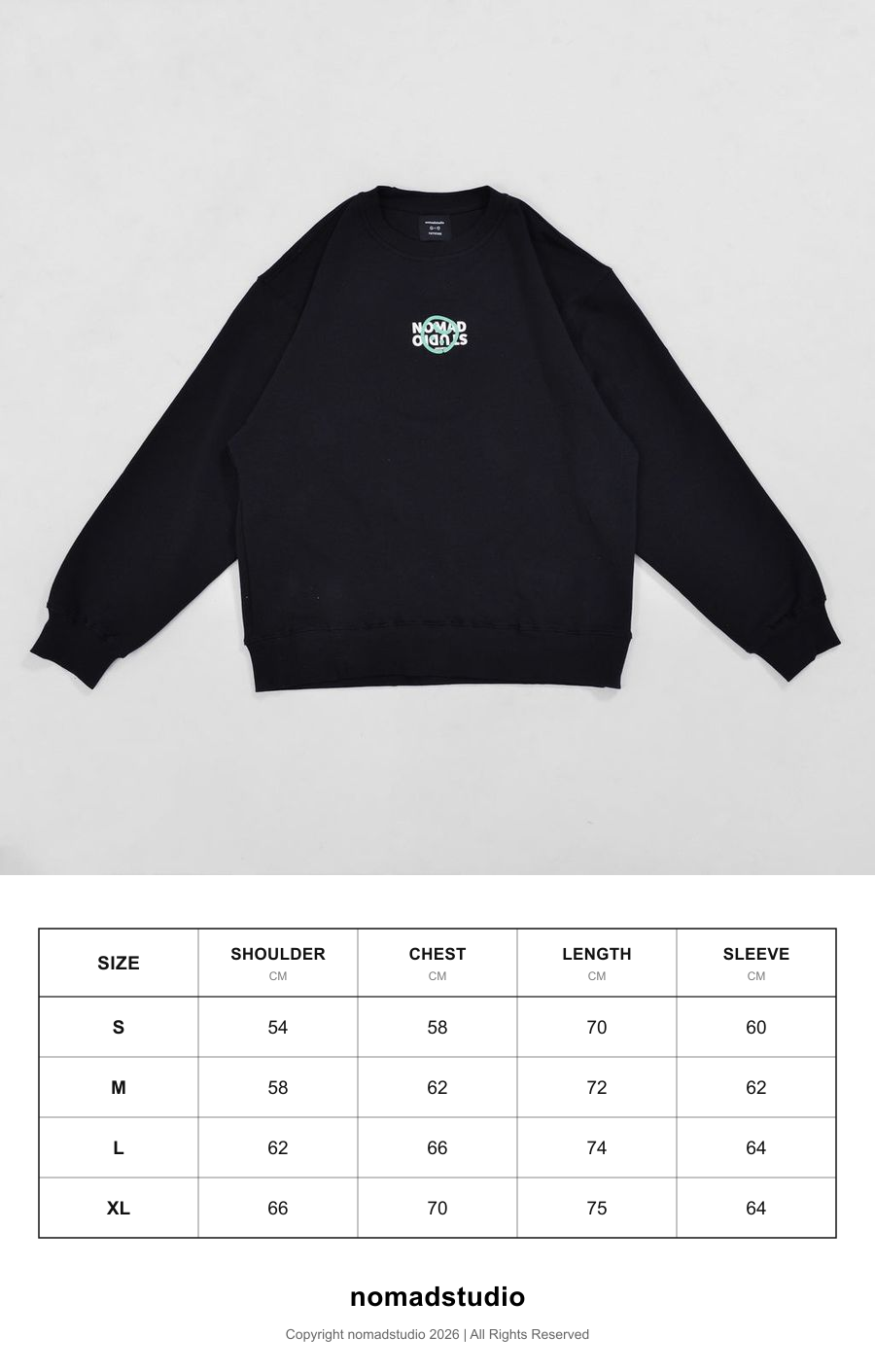 Size guide for Nomadstudio X Faith Fade Black Hijack Logo Oversized Crewneck